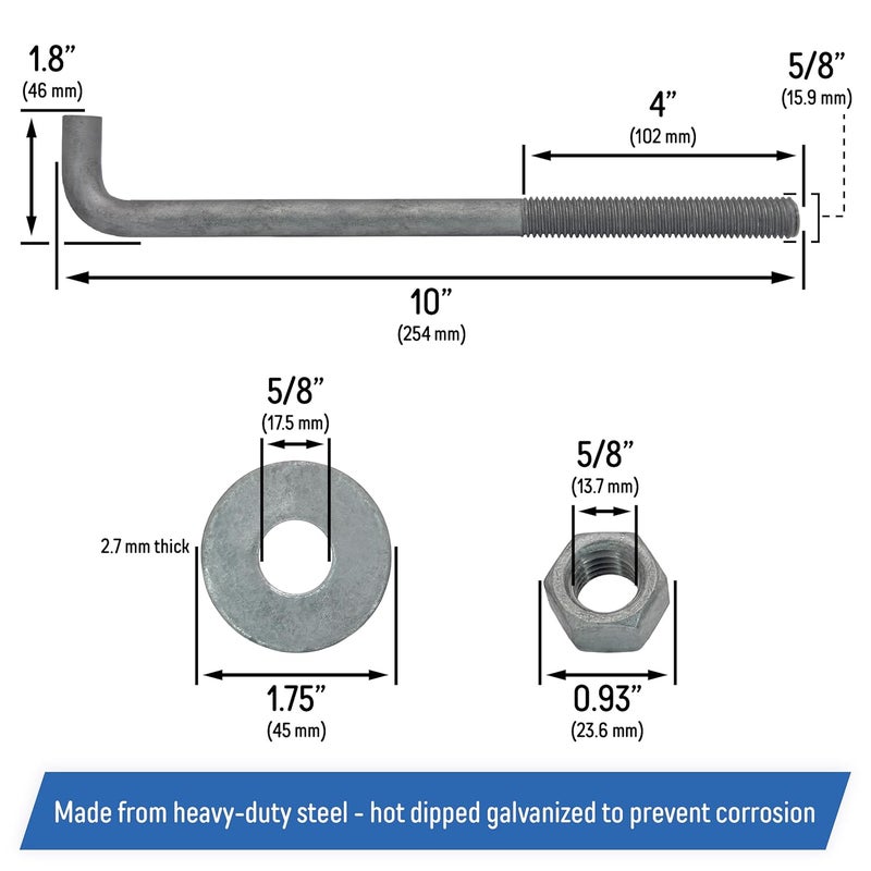 AA 5/8" x 10-inch Galvanized Threaded Anchor Bolts with Hardware for Wood, Concrete (10 Pack) - Image 3